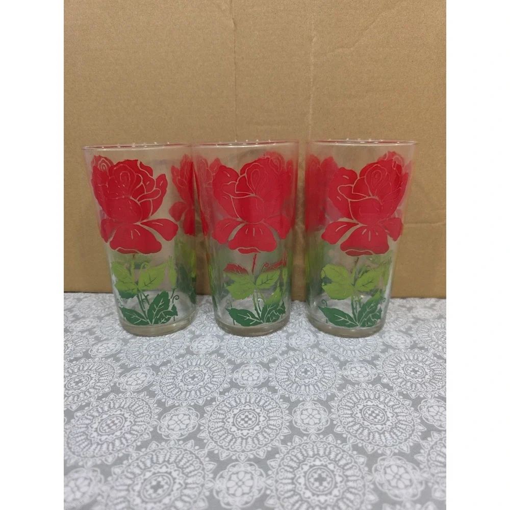 Set of 3 Vintage Red Rose Glass Tumblers Drinking Glasses 16‎ Oz. MCM - Picture 1 of 3